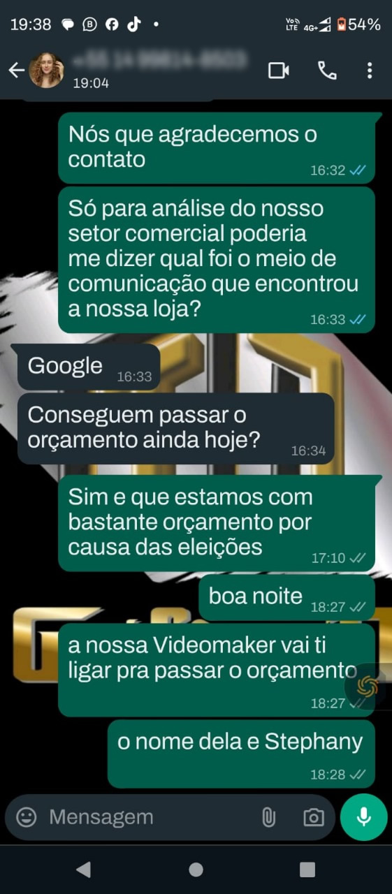 Print original da conversa pelo WhatsApp com Cliente da TH