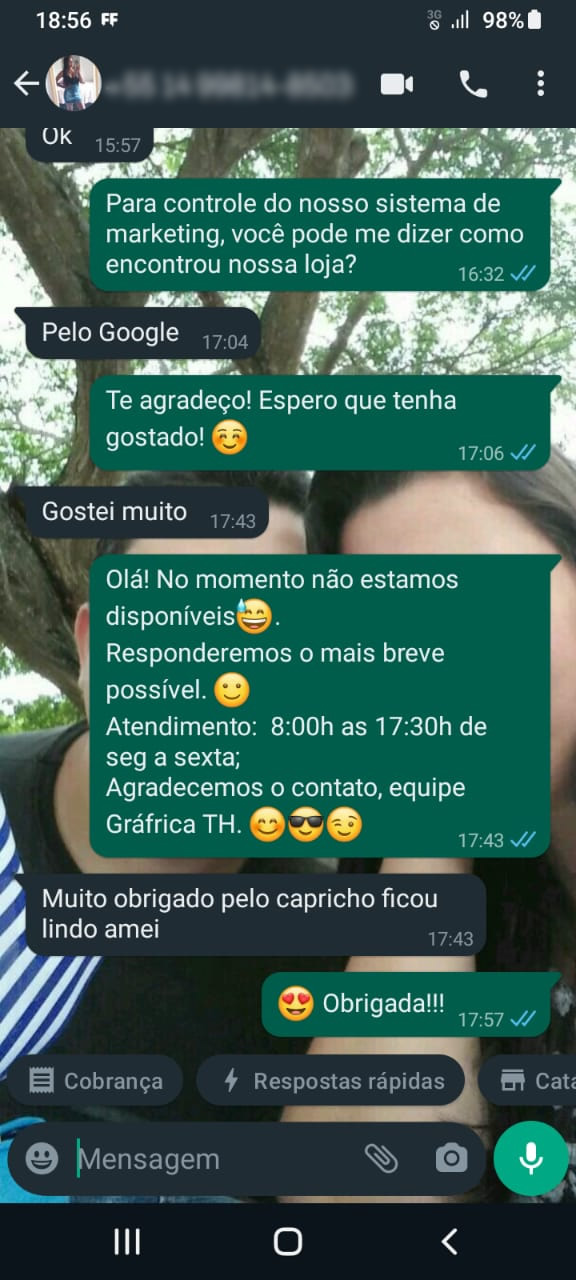 Print original da conversa pelo WhatsApp com Cliente da Gráfica TH