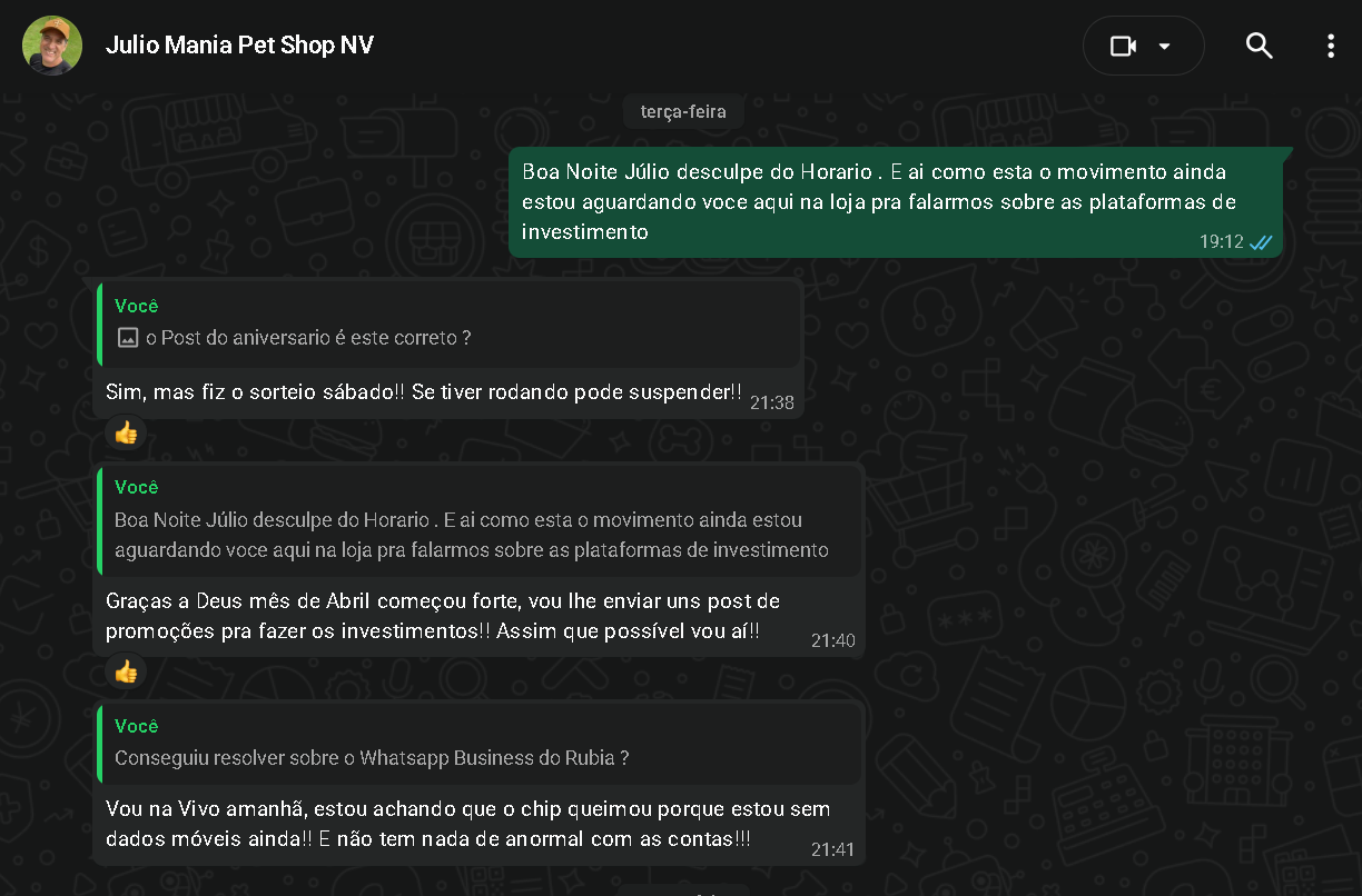 Segunda captura original da conversa com Julio · Mania Pet Shop